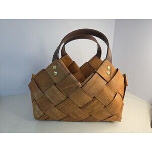 Brown Woven Sea Grass Basket Leather Handles & Brass Rivets Use For Decor Purse